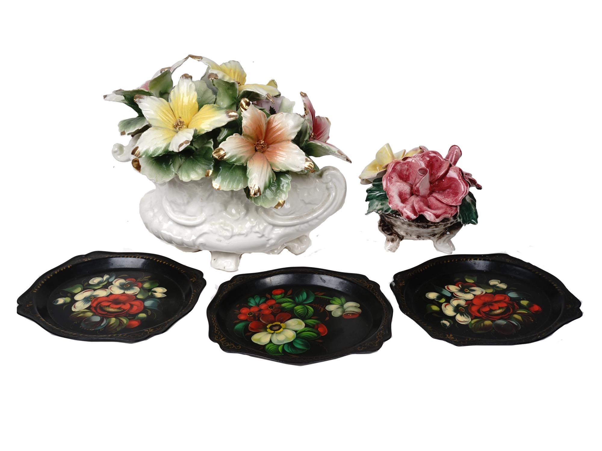 CAPODIMONTE FLOWER BASKETS AND ZHOSTOVO TRAYS PIC-0